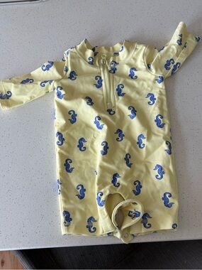 GAP Baby Yellow Swim Romper with Blue Seahorse Print
